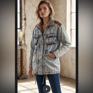 Vintage 90s Learsi Acid Wash Denim Utility Jacket Leather Trim Aztec Lining